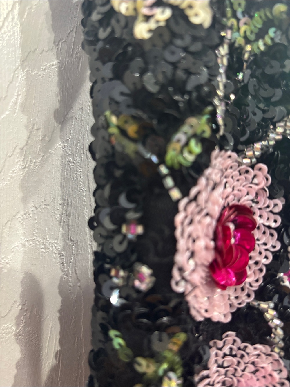 Black Beaded Evening Gown with Pink Floral Embroidery - Picture 6 of 9